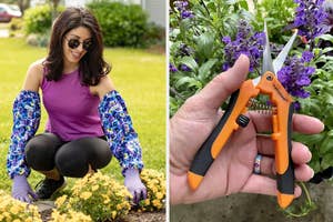 Woman gardening with stylish gloves on left; Close-up of gardening pruners on right