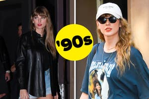 Taylor Swift exits a building wearing a '90s band tee, denim shorts, leather jacket, and a cap