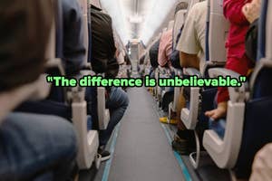 Passengers seated in airplane, text overlay: "The difference is unbelievable." Indicative of a significant change, possibly in a service or policy