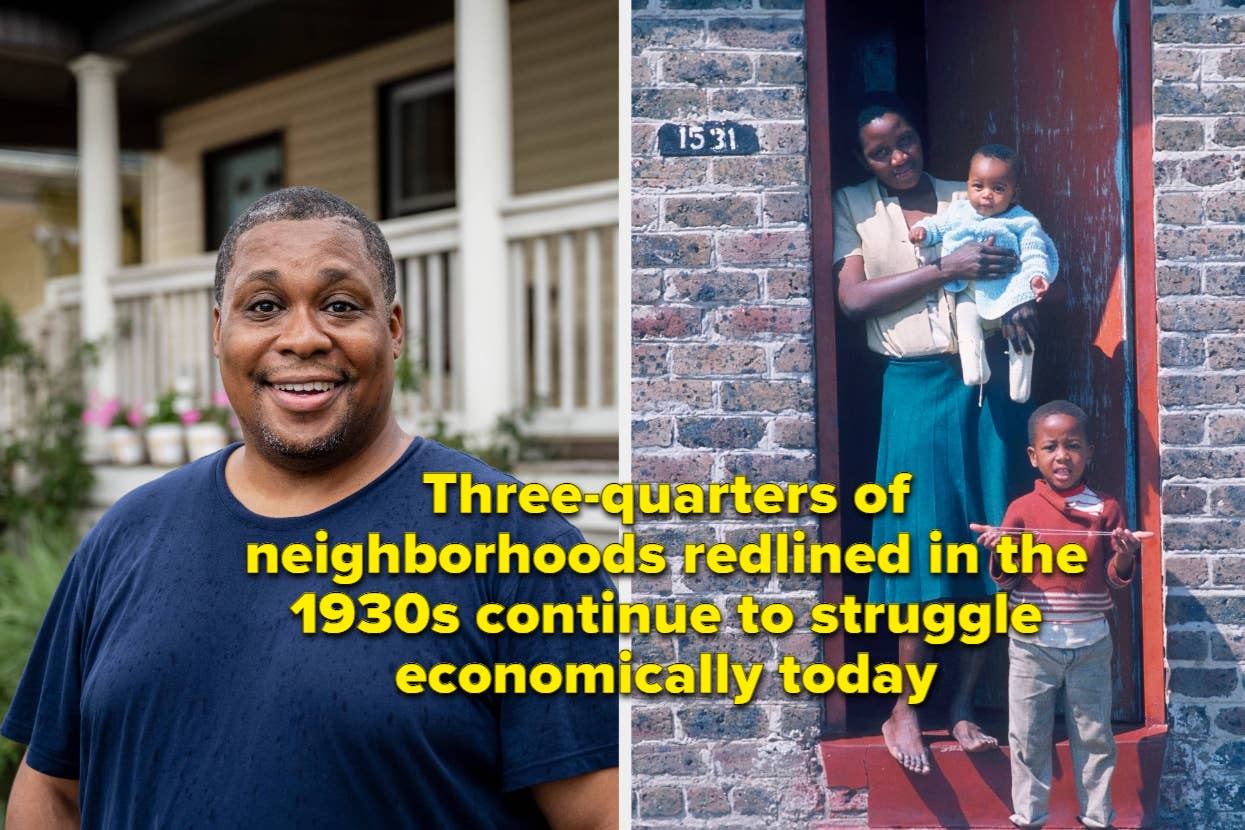 Man smiling outside a house, and family in a doorway; text on redlining's lasting impact