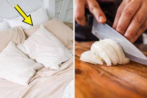 Left: Unmade bed with pillow and sheets. Right: Person slicing onion on wooden board