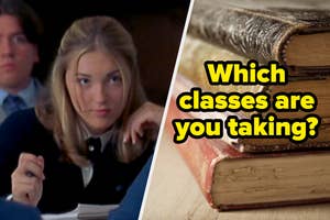 Split image with a Louise from "Gilmore Girls" in a classroom on the left and stacked books on the right with the text "Which classes are you taking?"