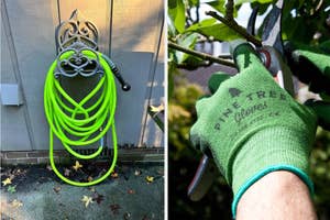 Two images: Left shows a neon green garden hose on a white holder, right displays a hand in a green glove holding pruning shears