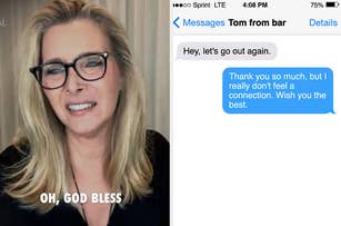 Two-pane image with a woman on the left and a phone text conversation on the right politely declining a date