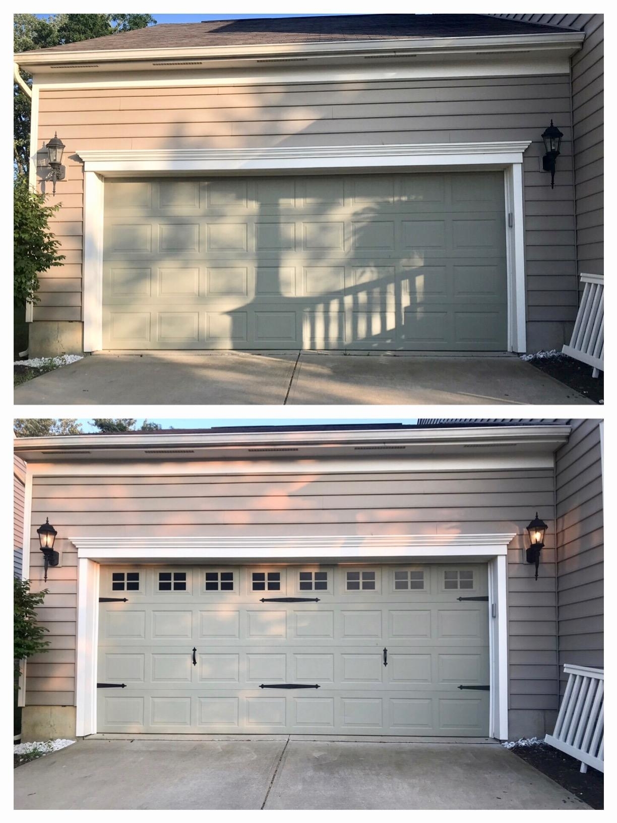 Before and after of a garage door updated with decorative handles, hinges, and windows