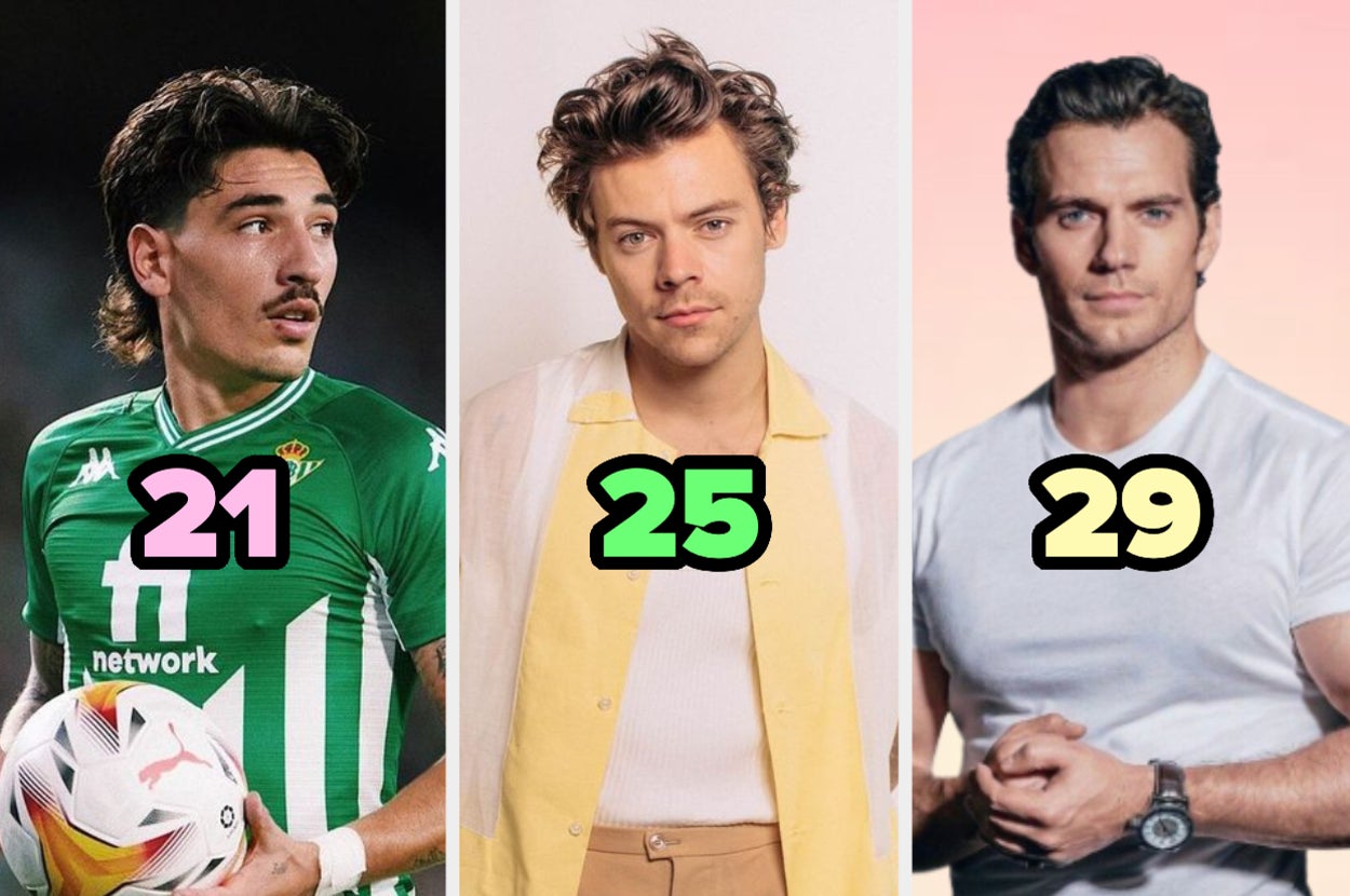 Tres celebridades masculinas con números, de izquierda a derecha, jugador de fútbol, cantante en traje, actor en camiseta