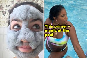 reviewer with bubbling clay mask on face and reviewer makeup after using primer at the pool