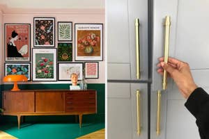 gallery wall print set on a pink and green wall / reviewer's hand on newly installed brass cabinet pulls