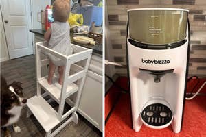 Toddler stands on a learning tower by the kitchen counter; Baby Brezza appliance on right