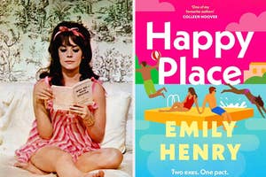 Natalie wood reading a book in a poolside outfit and "Happy Place" by Emily Henry.