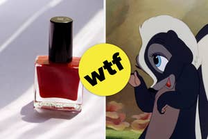 Bottle of red nail polish; Flower the skunk from Bambi with a surprised expression, text "Wtf"
