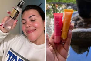 reviewer holding bottle of snail mucin and reviewer holding two Laneige lip balms