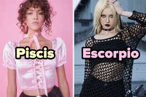 Dos mujeres posando para representar signos zodiacales, una con estilo dulce para Piscis y la otra con un look gótico para Escorpio
