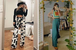 Two women modeling trendy outfits; one in cow print pants and a hat, the other in a knit top and teal pants