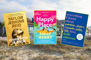 Three books overlaid on beach houses with titles "Carrie Soto is Back," "Happy Place," and "Everything I Know About Love."