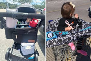 Stroller with storage organizer on left, toddler in shopping cart with seat cover on right, showcasing child-friendly shopping accessories