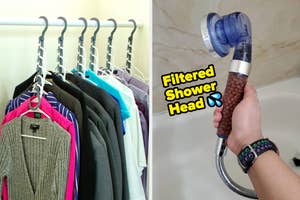 Hangers with various garments on the left; showerhead with "filters water!" text on the right, indicating feature for shopping