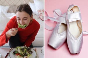 On the left, Emma Chamberlain eating a salad, and on the right, some pointe shoes