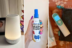 Three images showcasing items: a sleek bedside lamp, a colorful bottle of stain remover, and a digital thermometer