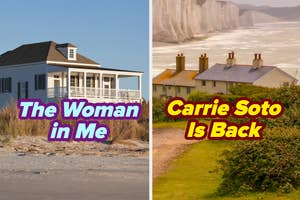 Left: Coastal house with "The Woman in Me" text. Right: Cliffside homes with "Carrie Soto Is Back" text