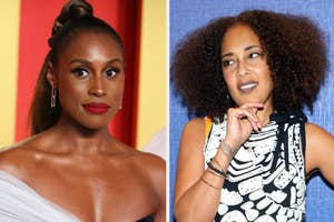 A closeup of Issa Rae vs Amanda Seales with an afro on the red carpet