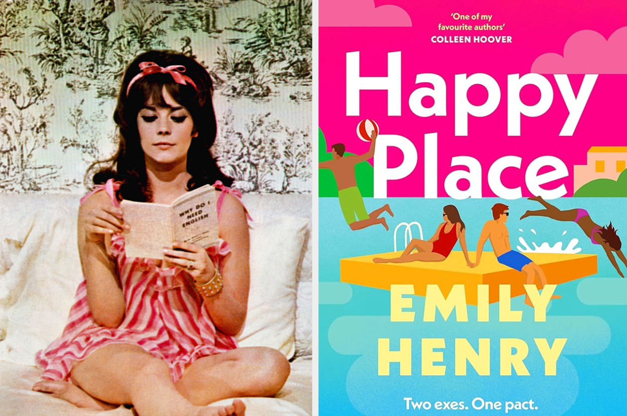 Natalie wood reading a book in a poolside outfit and "Happy Place" by Emily Henry.