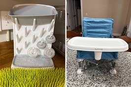 Two baby items: a bottle drying rack on the left; a booster seat with a blue cushion on the right