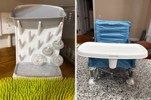 Two baby items: a bottle drying rack on the left; a booster seat with a blue cushion on the right