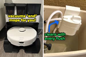 Robotic vacuum on a charging dock "vacuums and mops for you" / a reviewer's toilet with bleach cleaning system installed in tank "cleans with every flush"