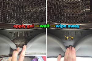 Before and after cleaning process of a washing machine's rubber seal "apply gel, wait, wipe away"