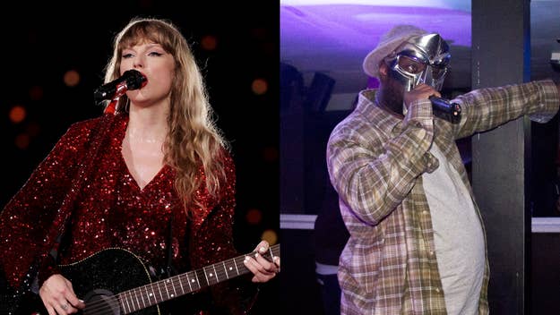 Taylor Swift in glittery outfit singing with guitar; MF DOOM in mask and plaid coat performing with microphone