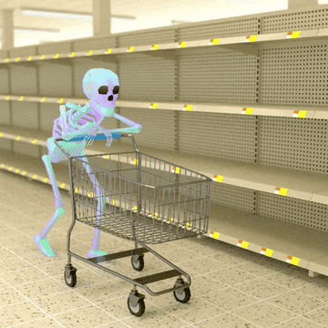 Esqueleto animado empujando un carrito en un pasillo de supermercado vacío