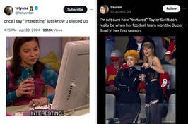 Left: Actress Miranda Cosgrove as Megan in "Drake & Josh" with a drink, looking at a computer. Right: Taylor Swift, excited at a football game