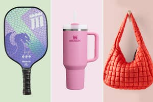 Three products displayed side-by-side: a purple and black pickleball paddle, a pink insulated tumbler, and a red quilted tote bag