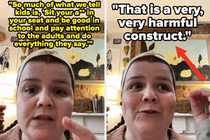 Two split-screen photos of a woman speaking, with quotes about child behavior and harmful constructs