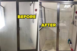 on left: cloudy shower door, on right; same shower door with less cloudiness after using shower door cleaner