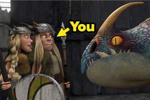 Ruffnut and Tuffnut from "How to Train Your Dragon" afraid as they face a dragon, with an arrow labeled "You" pointing at Ruffnut