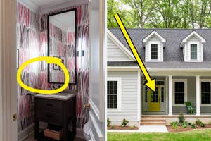 Before and after of a home entryway upgraded from a simple interior to an inviting exterior with a porch and green door