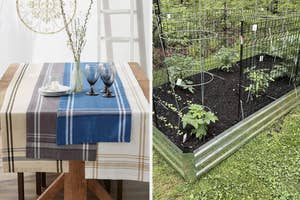 A split image with a table set with a plaid tablecloth on the left, and a garden with trellises and plants on the right, suggesting dining and gardening products
