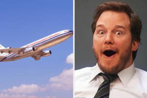 Commercial airplane in flight; excited man in suit with tie