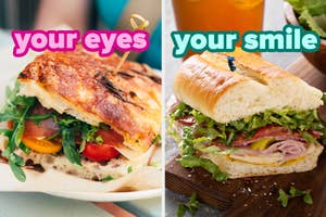 On the left, a veggie sandwich labeled your eyes, and on the right, an Italian sub labeled your smile