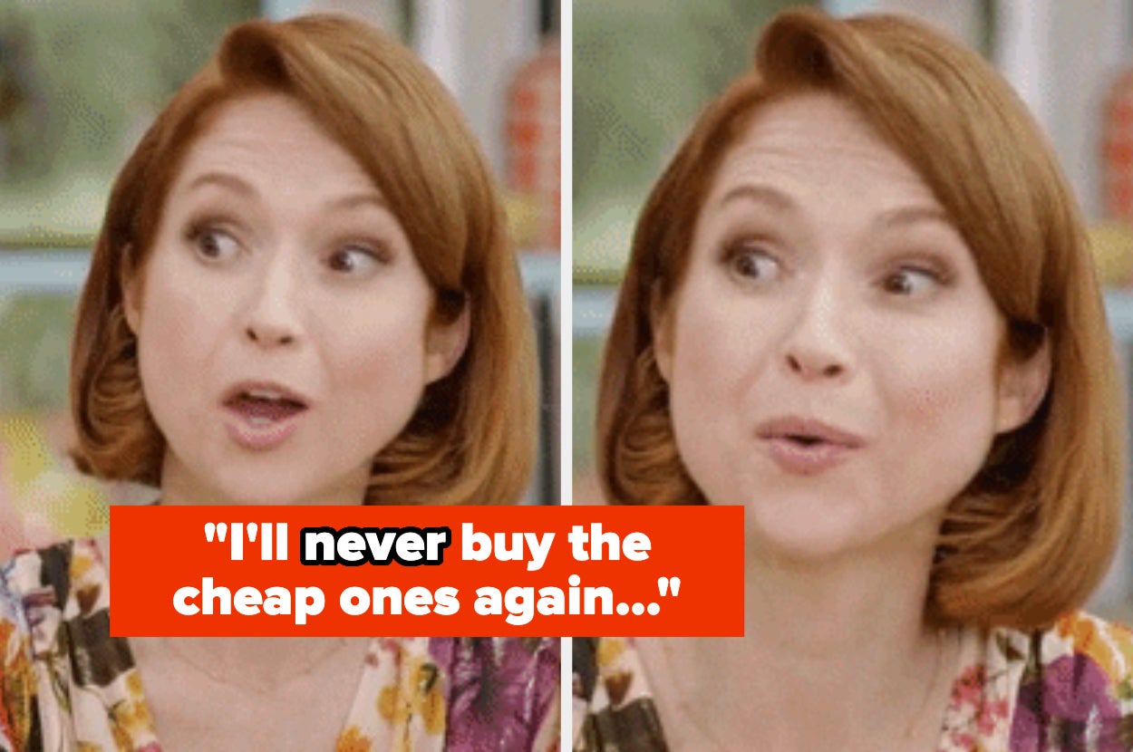 Woman expressing regret, with quote about not buying cheap items. Used for an article on spending decisions
