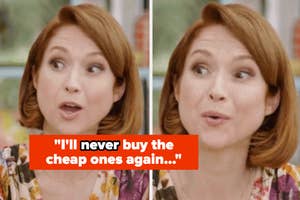 Woman expressing regret, with quote about not buying cheap items. Used for an article on spending decisions