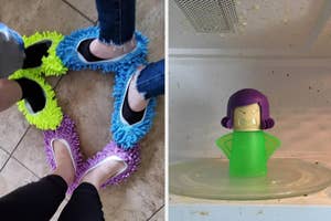 on left: reviewers wearing mop slippers, on right: Angry Mama microwave cleaner