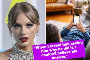 Taylor Swift in glittering attire with statement earrings; person reading a shocking text message on phone
