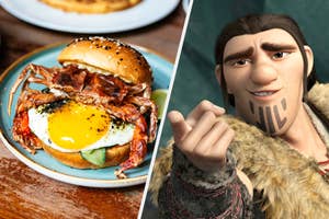 A crab and egg burger and Eret from "How to Train Your Dragon" pointing.