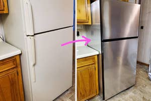 Side-by-side image of an older white fridge and a newer-looking fridge with the stainless steel-style contact paper