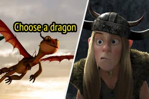 Split image with two animated characters: a dragon with wings spread and Ruffnut from How to Train Your Dragon