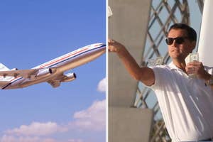 An airplane in flight on the left; on the right, Leonardo DiCaprio as a character throwing money