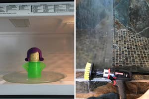 on left: Angry Mama microwave cleaner; on right: before-and-after image of shower door after using a drill brush attachment
